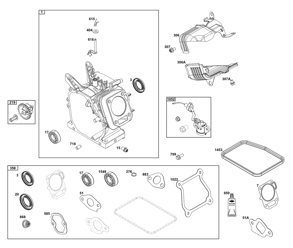 Cylinder Group Diagram and Parts List for 10V332-0041-F1  Briggs and Stratton Engine